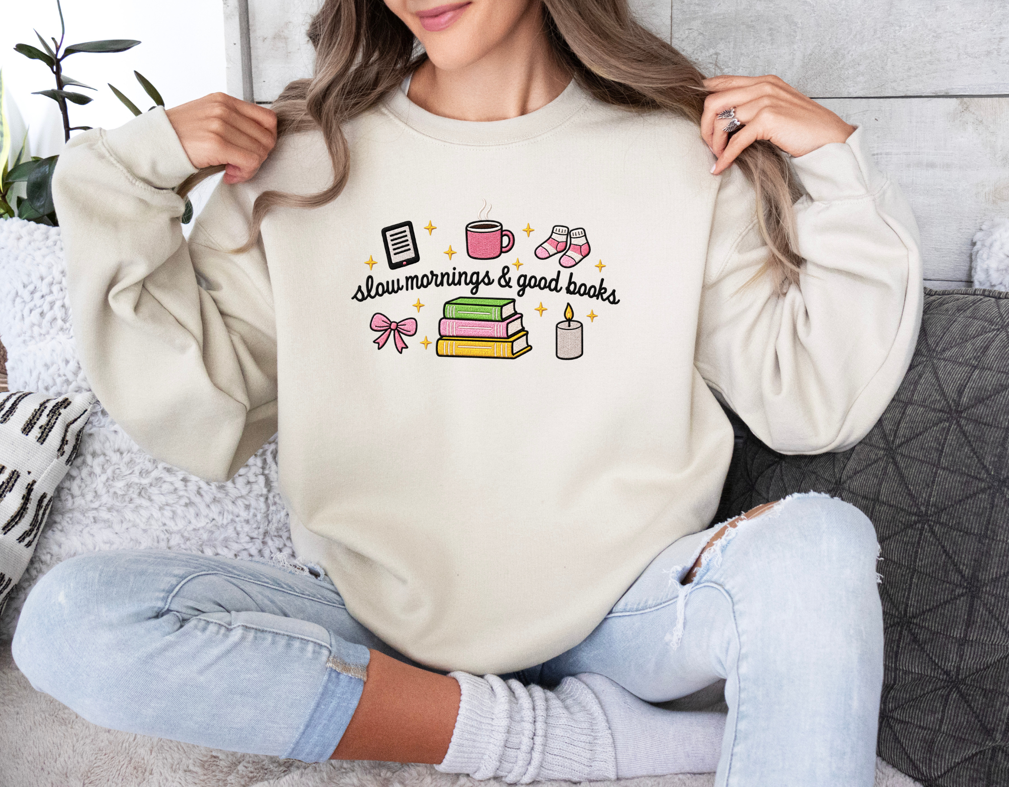 Slow Mornings & Good Books- Embroidered Crewneck