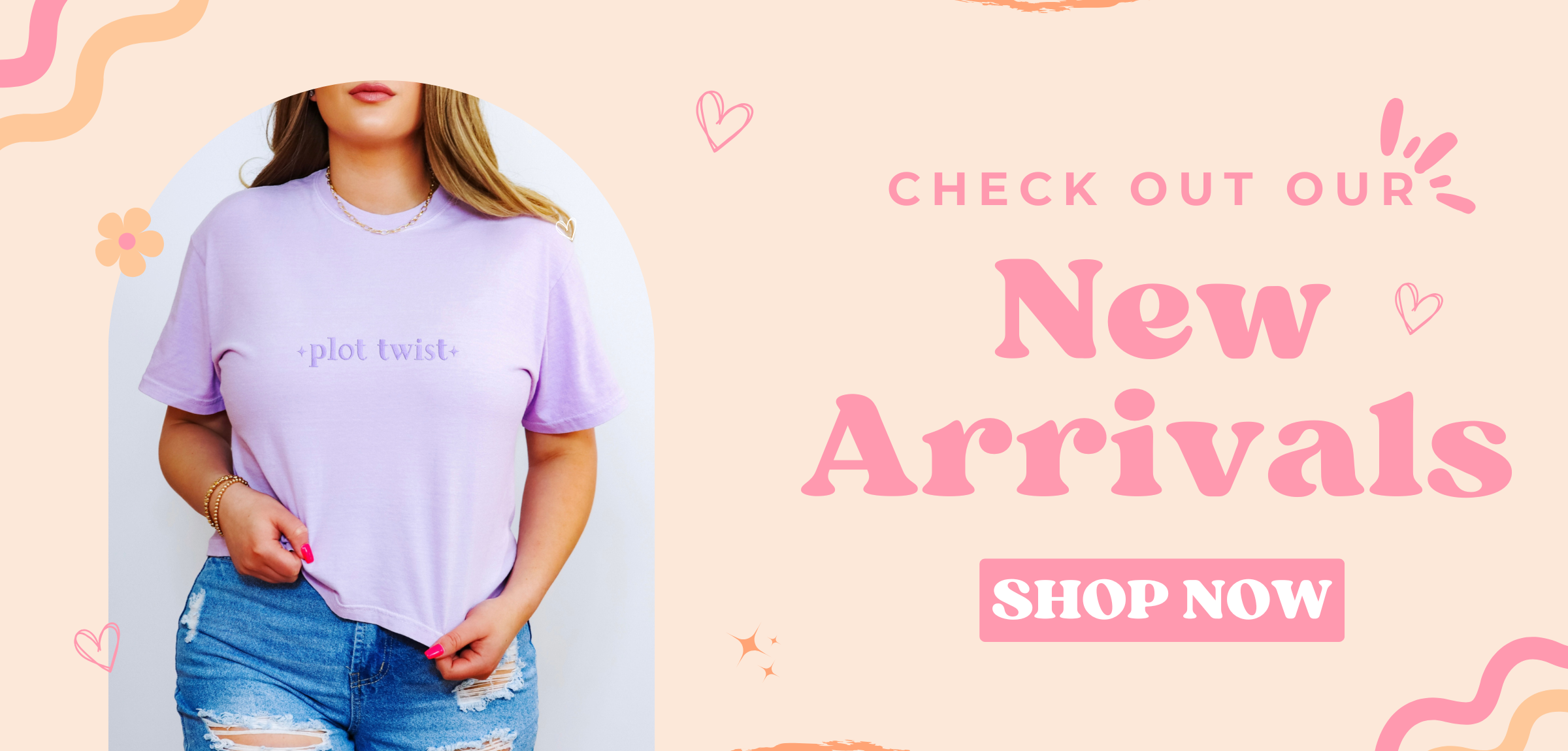 Person wearing a purple t-shirt with text, standing against a light pink background with promotional text and graphics.